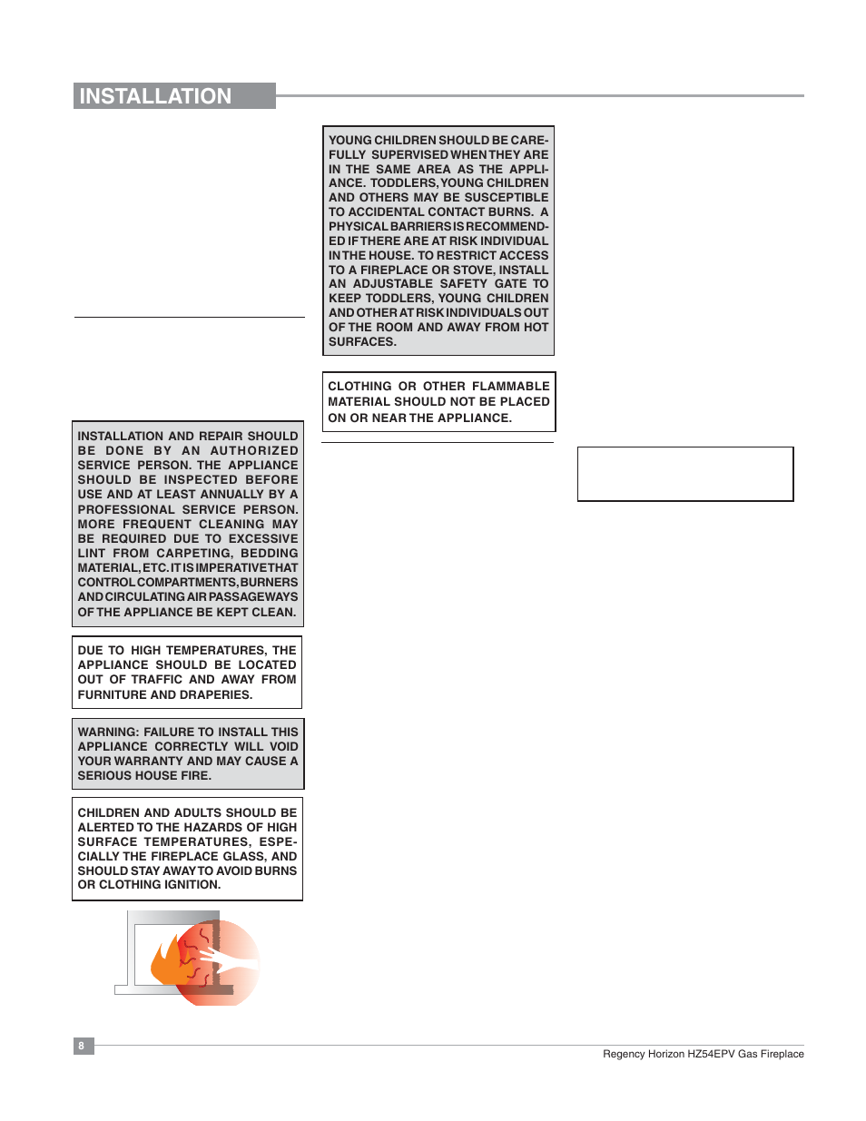 Installation, Important message save these instructions, Before you start | General safety information | Regency Horizon HZ54EPV Large Gas Fireplace User Manual | Page 8 / 60
