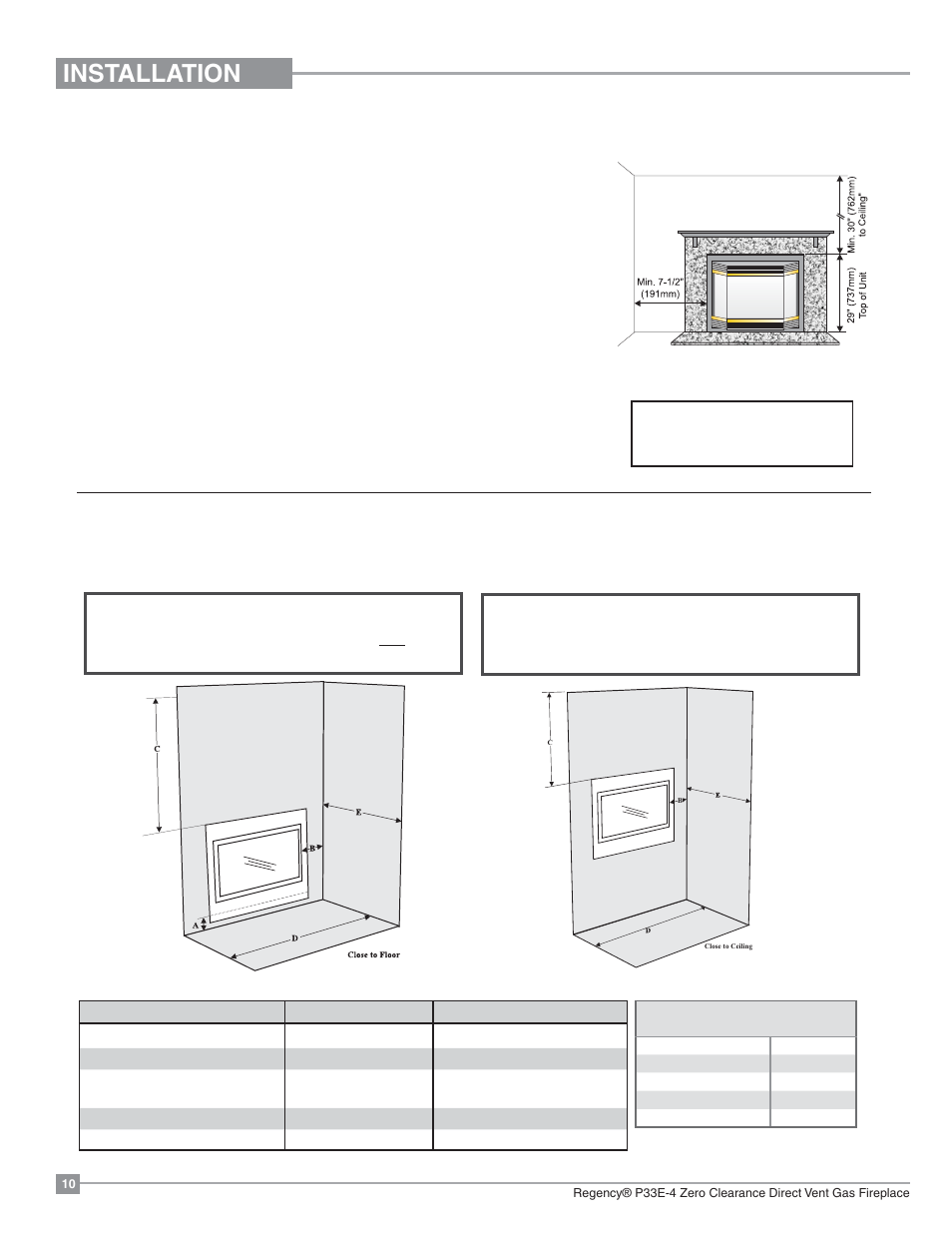 Installation, Clearances with contemporary faceplate, Clearances with bay or flush front | Regency Panorama P33E Small Gas Fireplace User Manual | Page 10 / 68