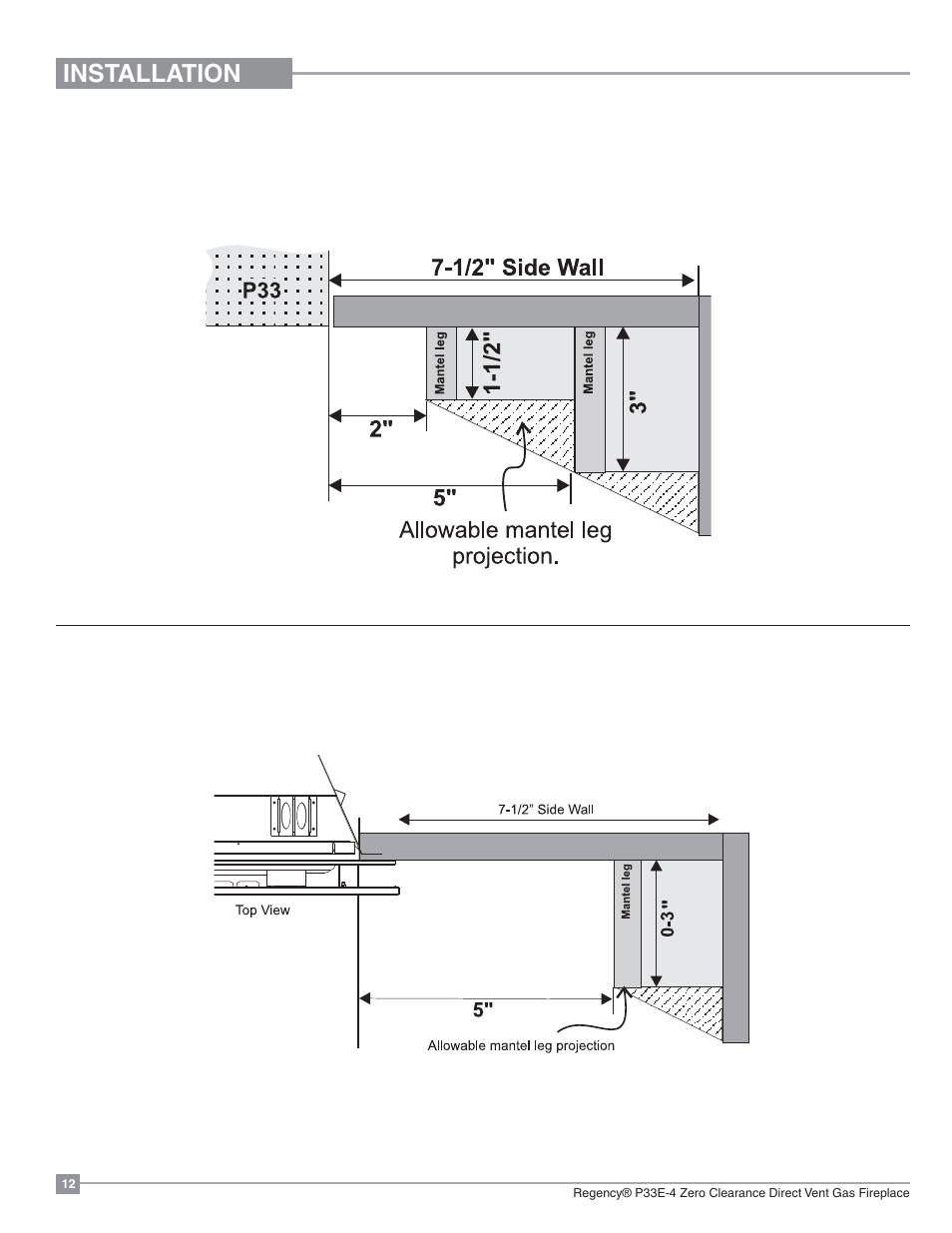 Installation, Mantel leg clearances with contemporary faceplate, Mantel leg clearances with flush or bay glass | Regency Panorama P33E Small Gas Fireplace User Manual | Page 12 / 68