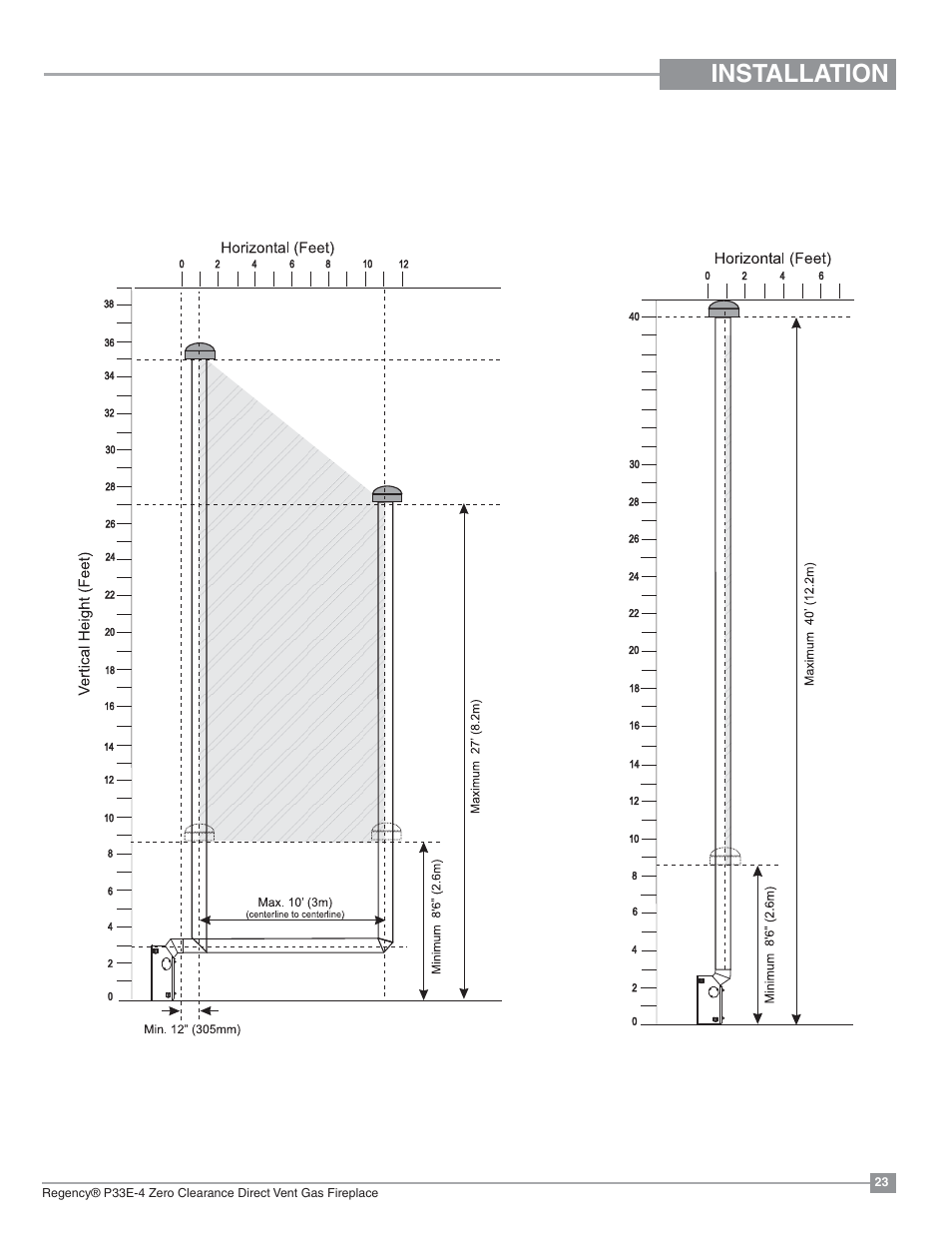Installation, Rigid pipe venting arrangements, Vertical terminations (propane & natural gas) | Regency Panorama P33E Small Gas Fireplace User Manual | Page 23 / 68