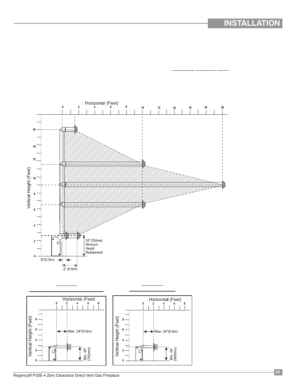 Installation, Rigid pipe venting arrangements, Horizontal terminations regency | Direct vent system (flex) (propane & natural gas) | Regency Panorama P33E Small Gas Fireplace User Manual | Page 25 / 68