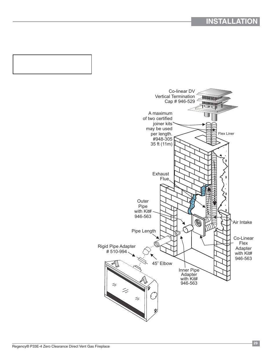 Installation, Vertical termination with co-linear flex system | Regency Panorama P33E Small Gas Fireplace User Manual | Page 29 / 68