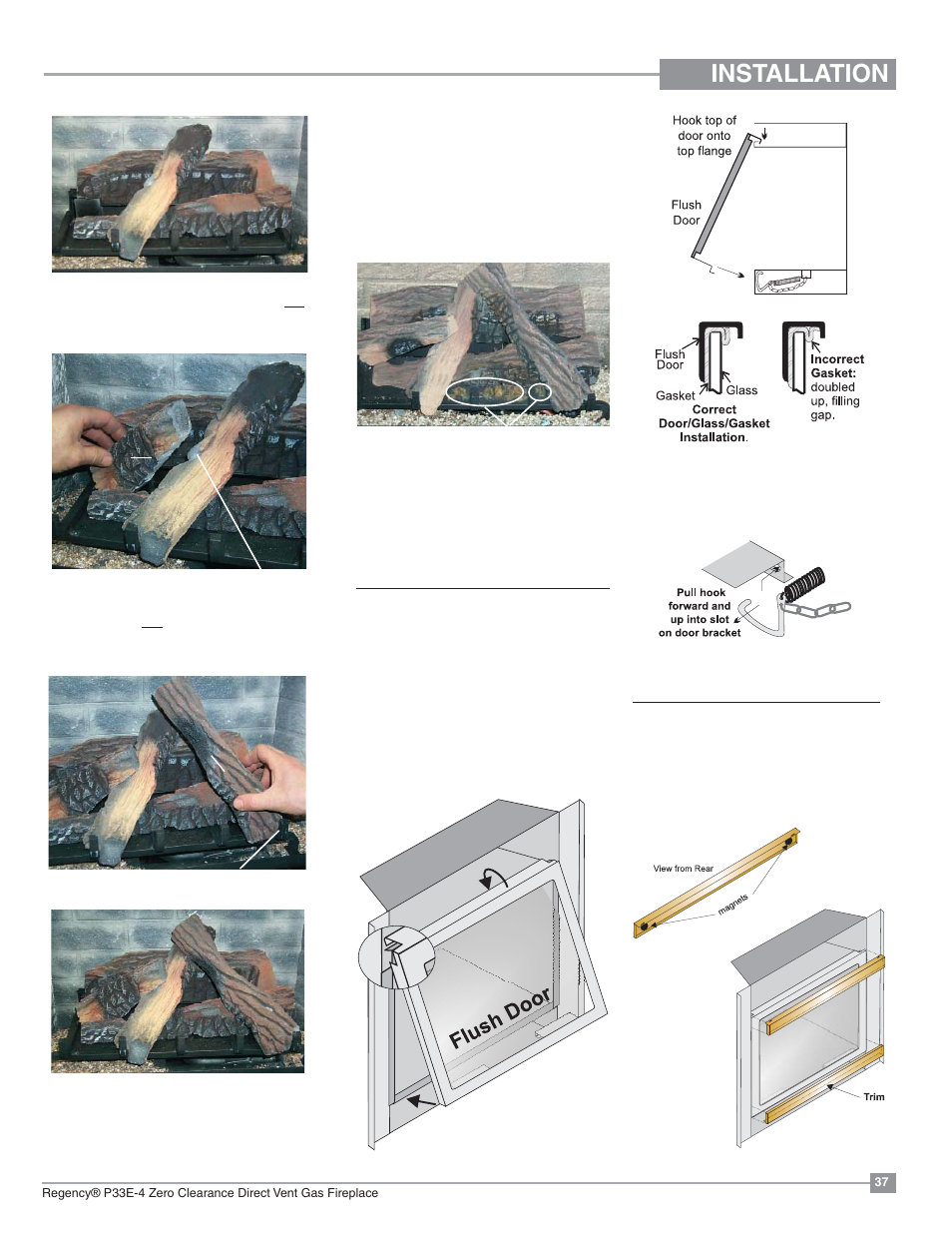 Installation, Standard flush door, Optional flush trim | Regency Panorama P33E Small Gas Fireplace User Manual | Page 37 / 68
