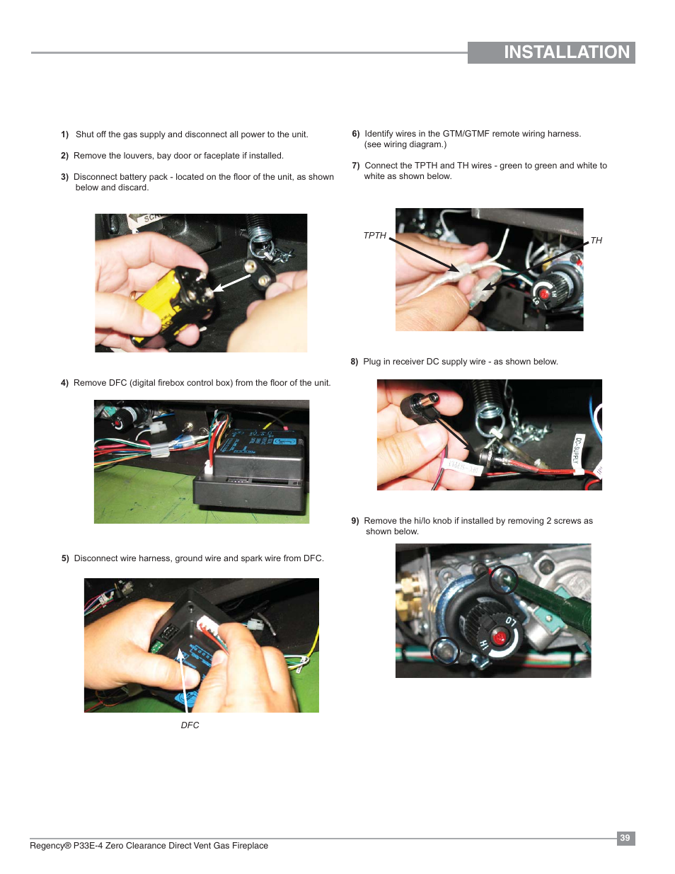 Installation, Gtm remote installation | Regency Panorama P33E Small Gas Fireplace User Manual | Page 39 / 68