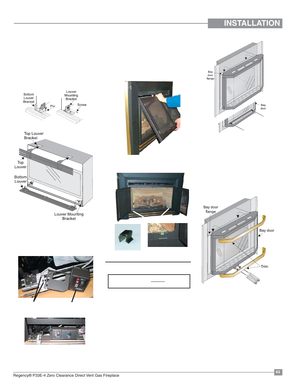 Installation, Optional bay door, Flush louvers | Optional bay trim, Double screen door | Regency Panorama P33E Small Gas Fireplace User Manual | Page 43 / 68