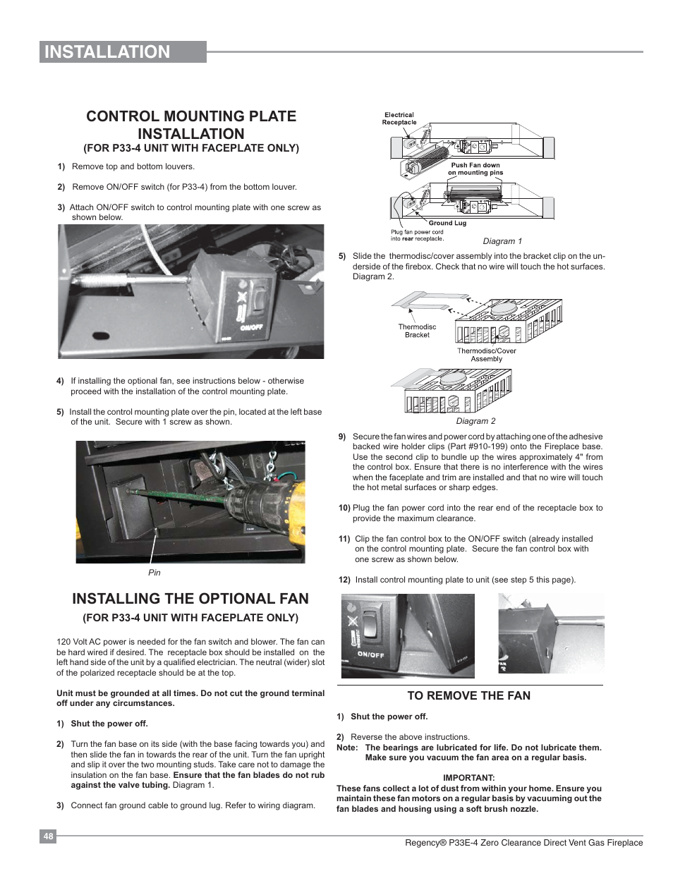 Installation, Control mounting plate installation, Installing the optional fan | Contemporary faceplate installation part 2 | Regency Panorama P33E Small Gas Fireplace User Manual | Page 48 / 68