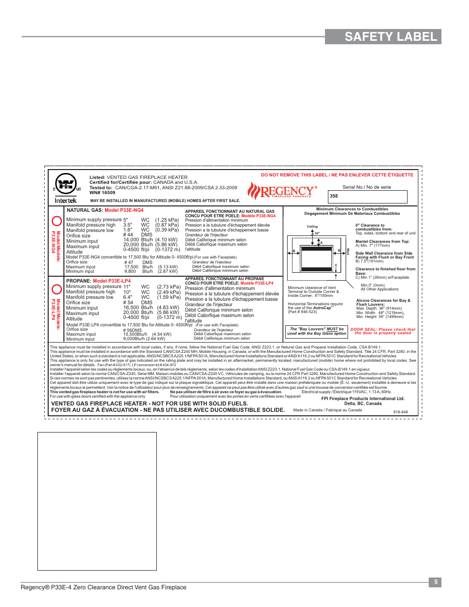 Safety label | Regency Panorama P33E Small Gas Fireplace User Manual | Page 5 / 68
