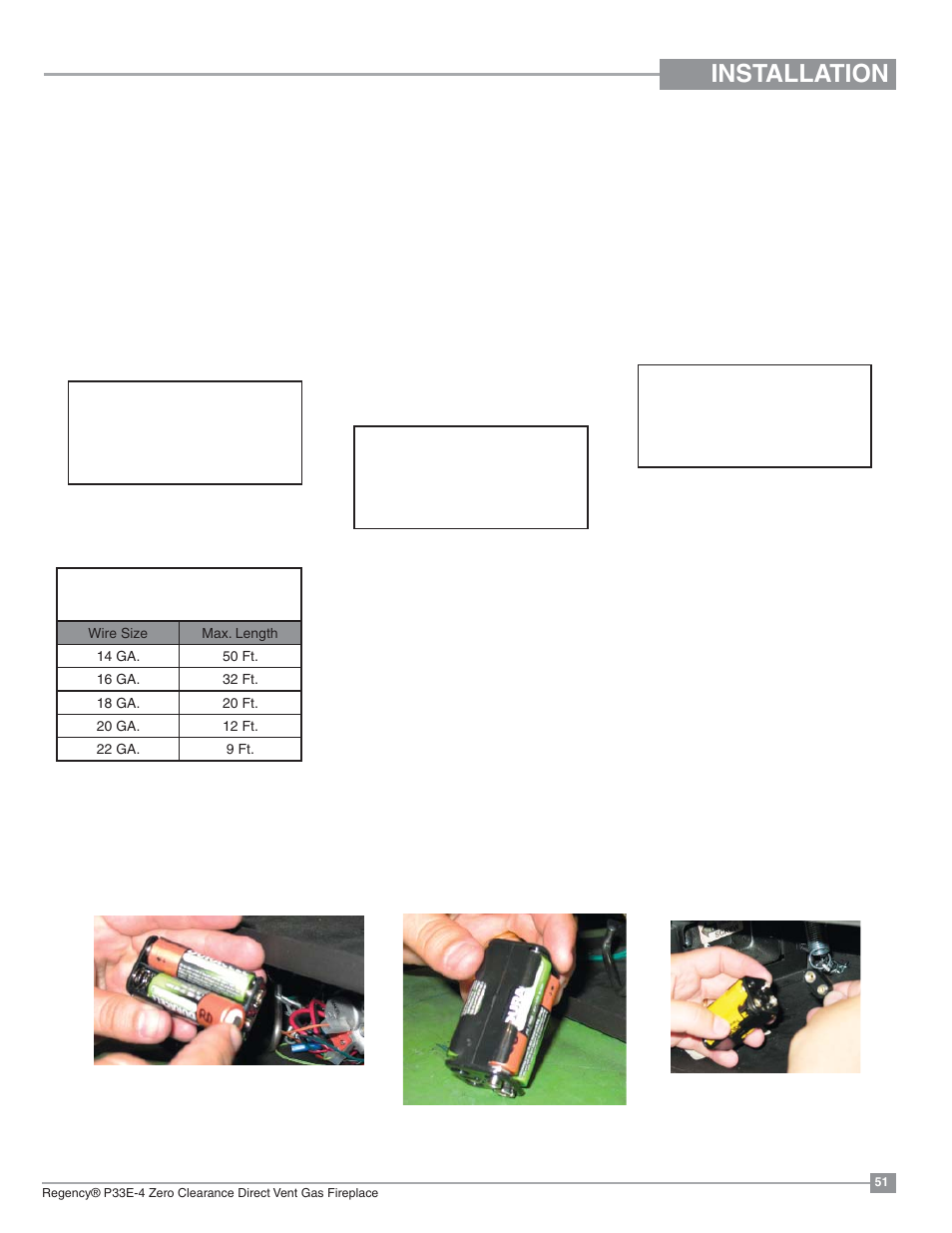 Installation, Optional wall switch, Optional wall thermostat | Optional remote control, Battery installation | Regency Panorama P33E Small Gas Fireplace User Manual | Page 51 / 68