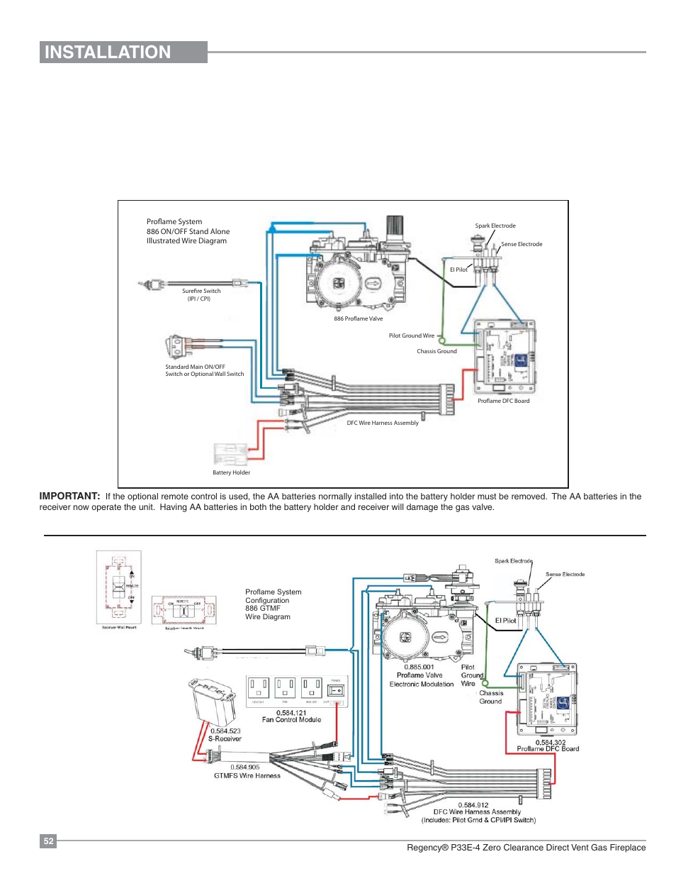 Installation, Wiring diagrams | Regency Panorama P33E Small Gas Fireplace User Manual | Page 52 / 68