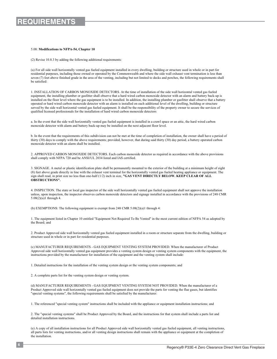 Requirements, Ma code - co detector | Regency Panorama P33E Small Gas Fireplace User Manual | Page 6 / 68