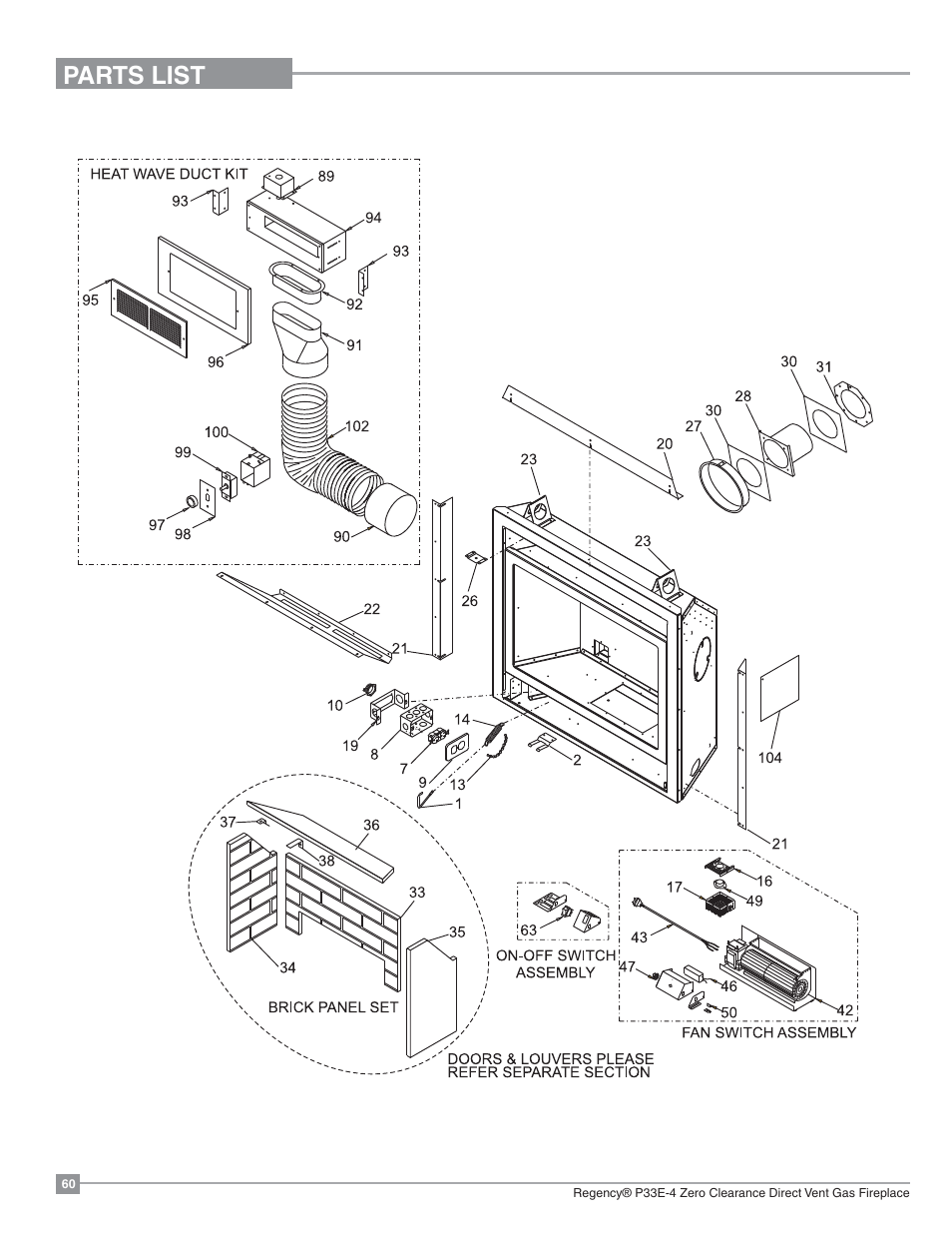 Parts list | Regency Panorama P33E Small Gas Fireplace User Manual | Page 60 / 68