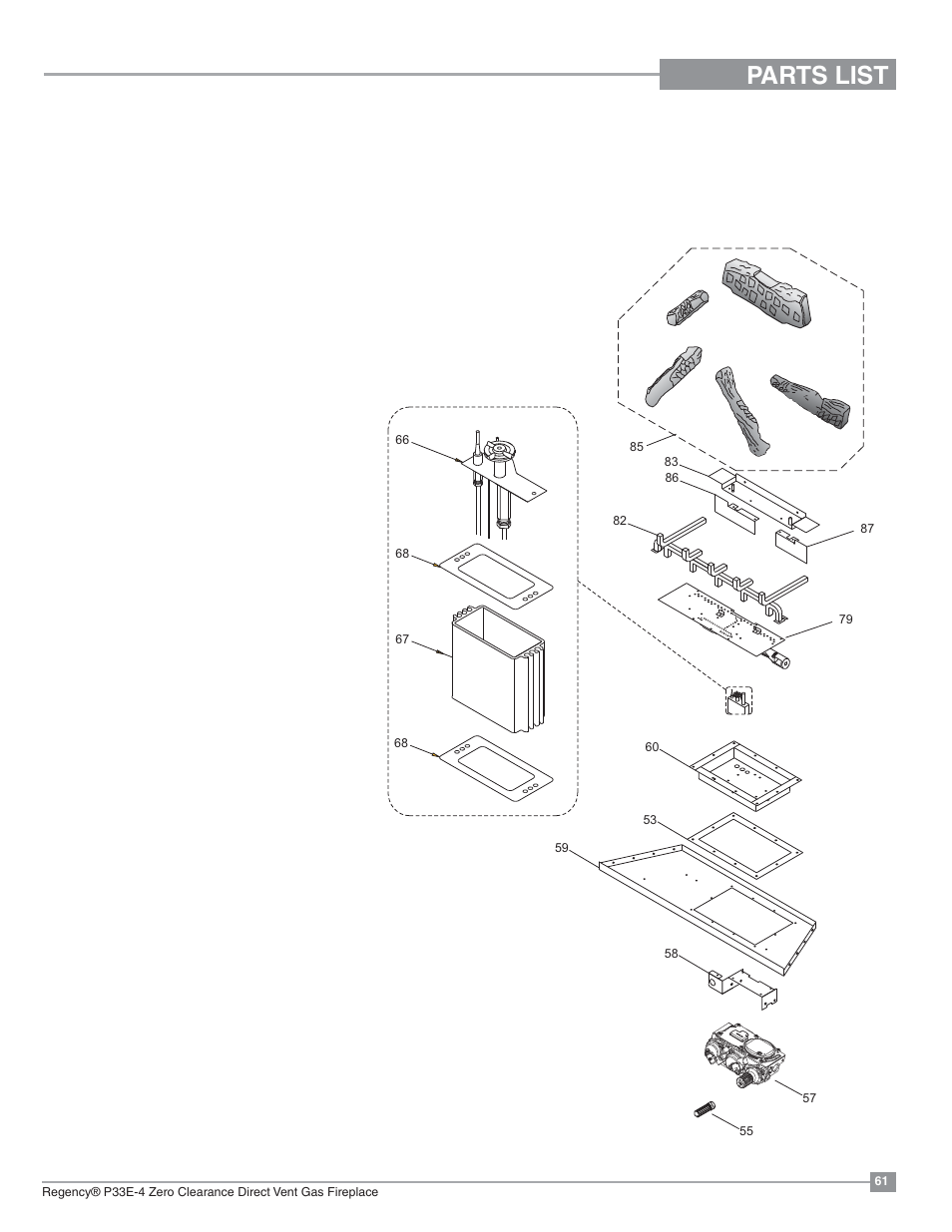 Parts list, Burner & log assembly | Regency Panorama P33E Small Gas Fireplace User Manual | Page 61 / 68