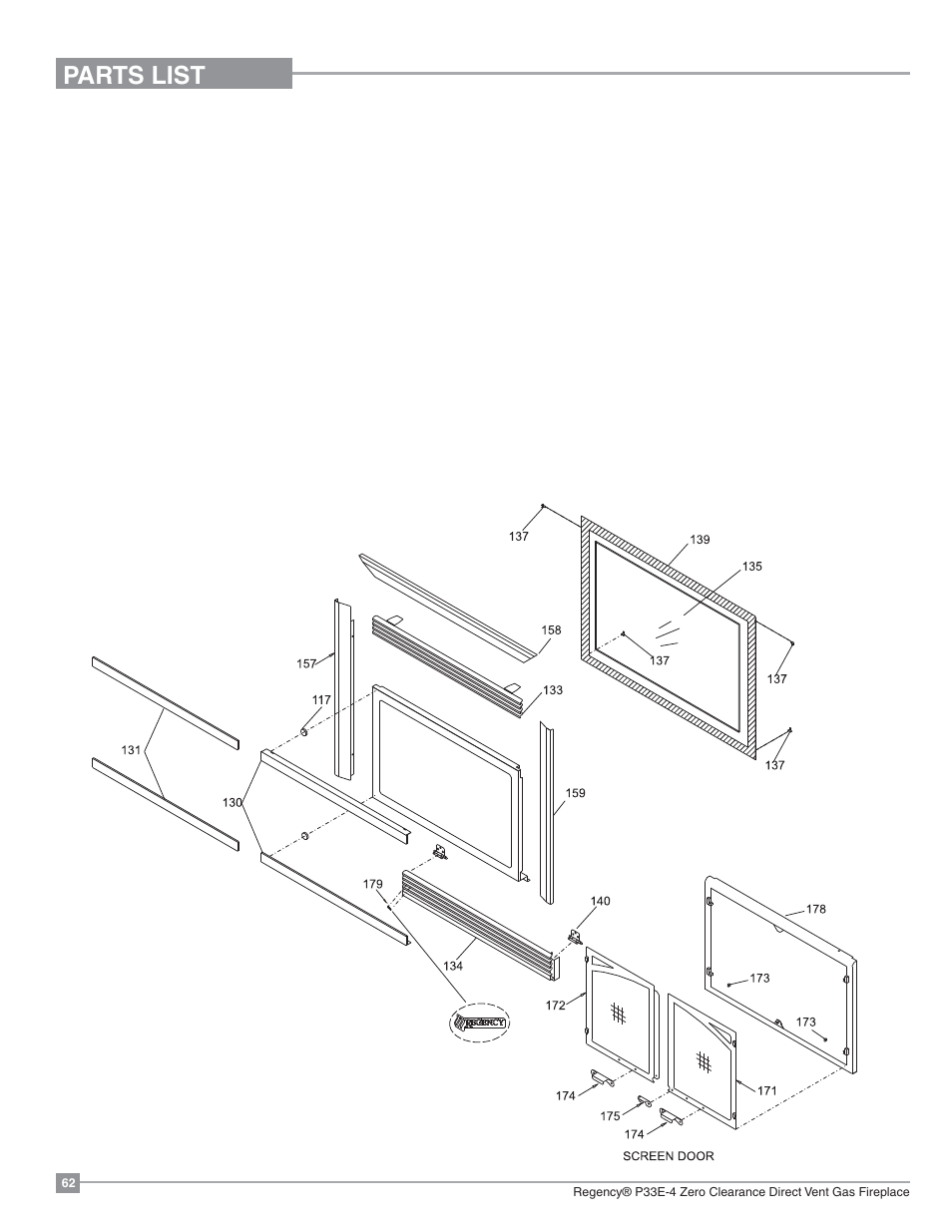Parts list, Flush front & louvers | Regency Panorama P33E Small Gas Fireplace User Manual | Page 62 / 68