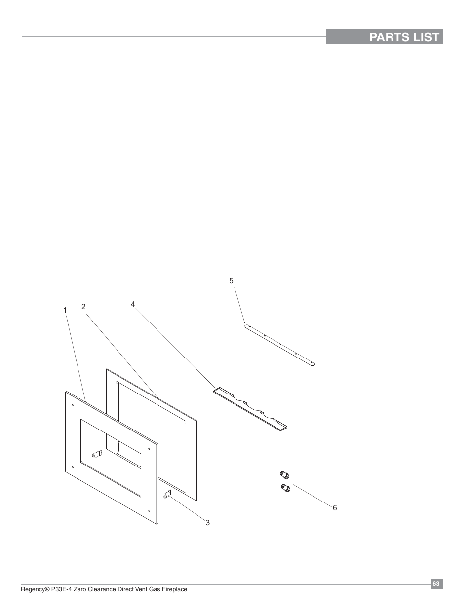 Parts list, Contemporary faceplate | Regency Panorama P33E Small Gas Fireplace User Manual | Page 63 / 68
