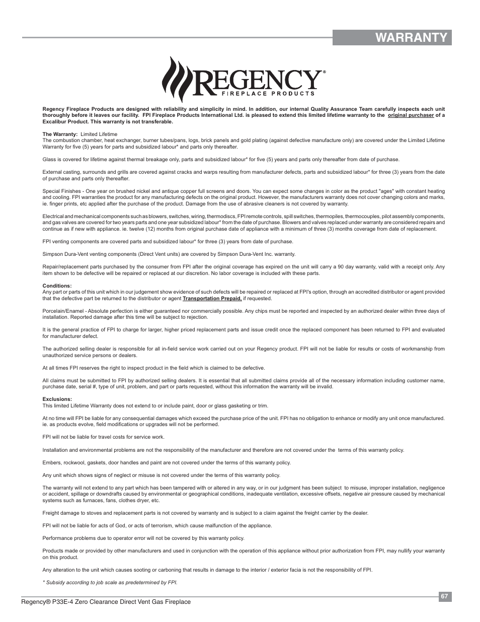 Warranty | Regency Panorama P33E Small Gas Fireplace User Manual | Page 67 / 68