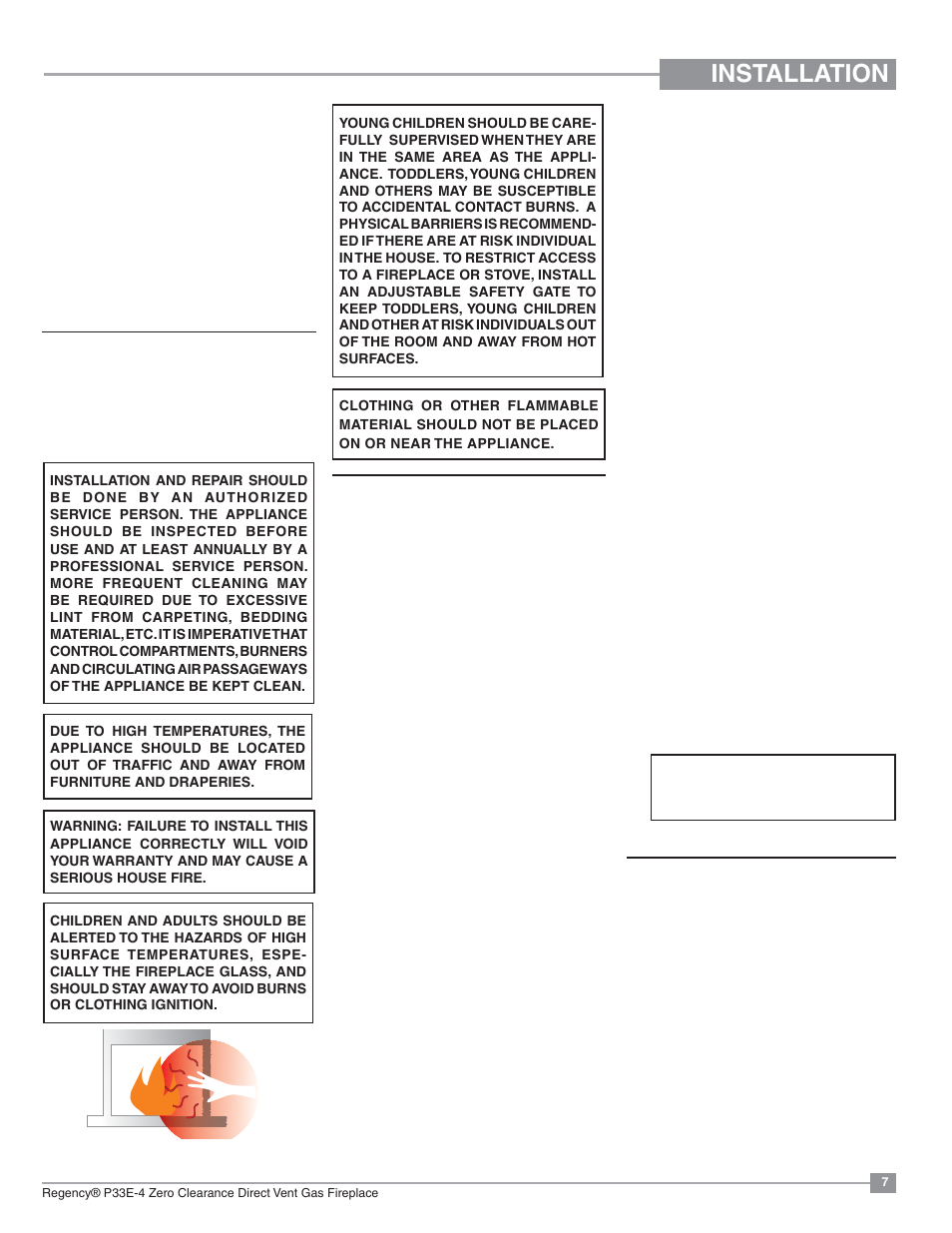 Installation, Important message, Before you start | General safety information, Manufactured mobile home additional requirements | Regency Panorama P33E Small Gas Fireplace User Manual | Page 7 / 68