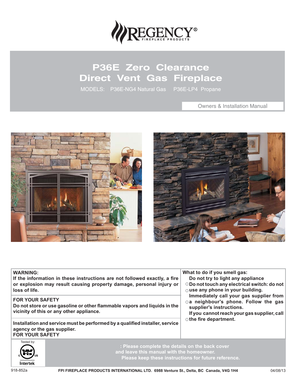 Regency Panorama P36E Medium Gas Fireplace User Manual | 72 pages