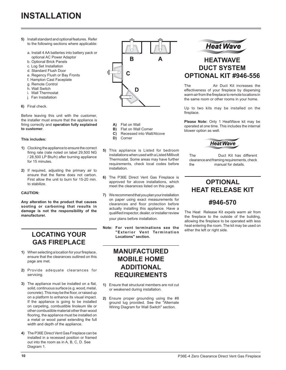 Installation, Locating your gas fireplace, Manufactured mobile home additional requirements | Optional heat release kit | Regency Panorama P36E Medium Gas Fireplace User Manual | Page 10 / 72