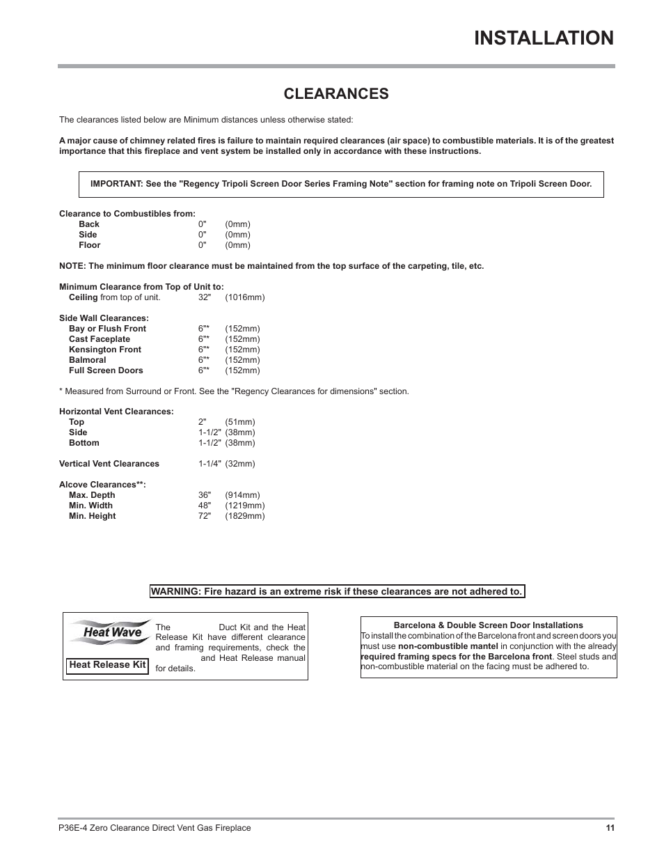 Installation, Clearances | Regency Panorama P36E Medium Gas Fireplace User Manual | Page 11 / 72