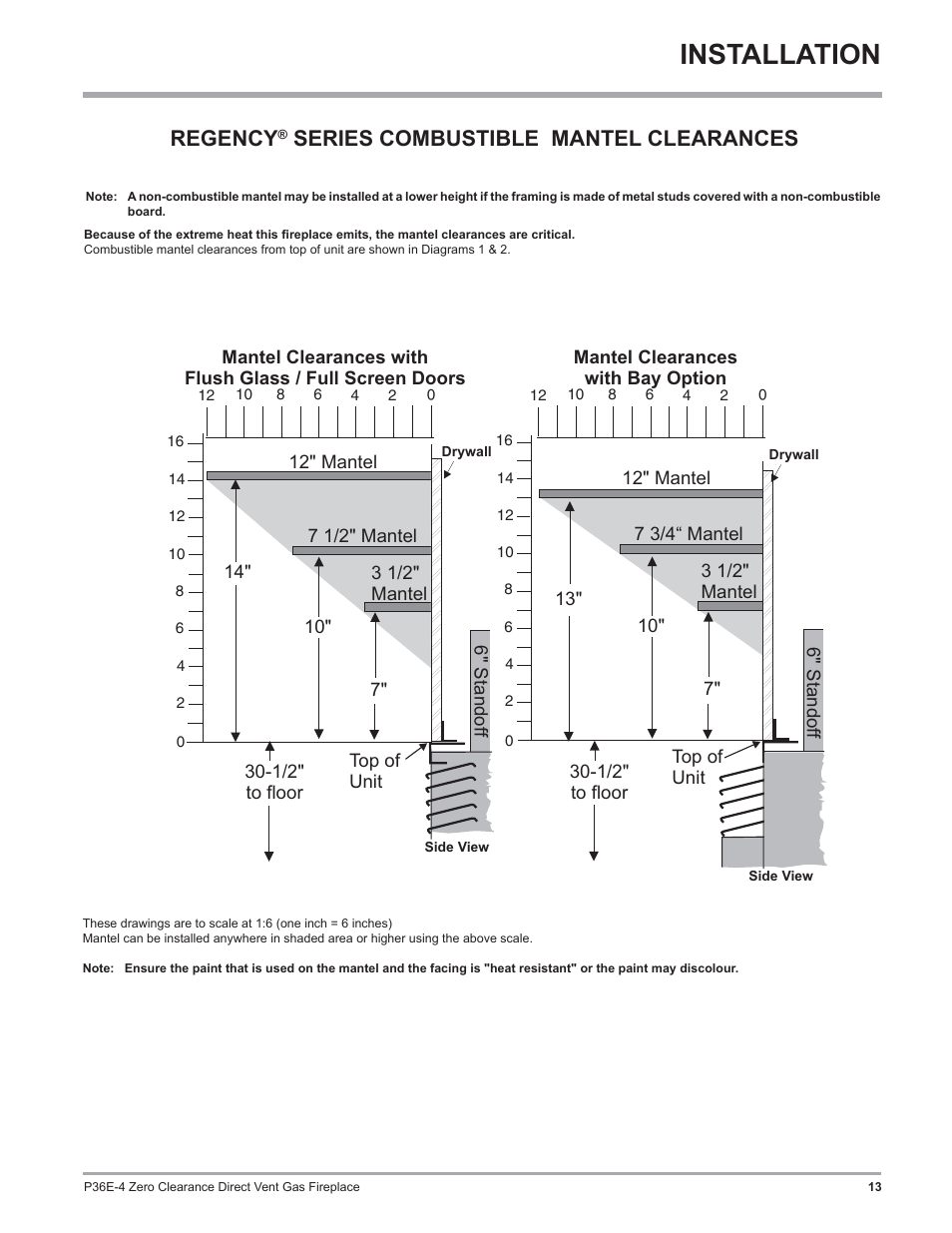 Installation, Regency, Series combustible mantel clearances | Regency Panorama P36E Medium Gas Fireplace User Manual | Page 13 / 72