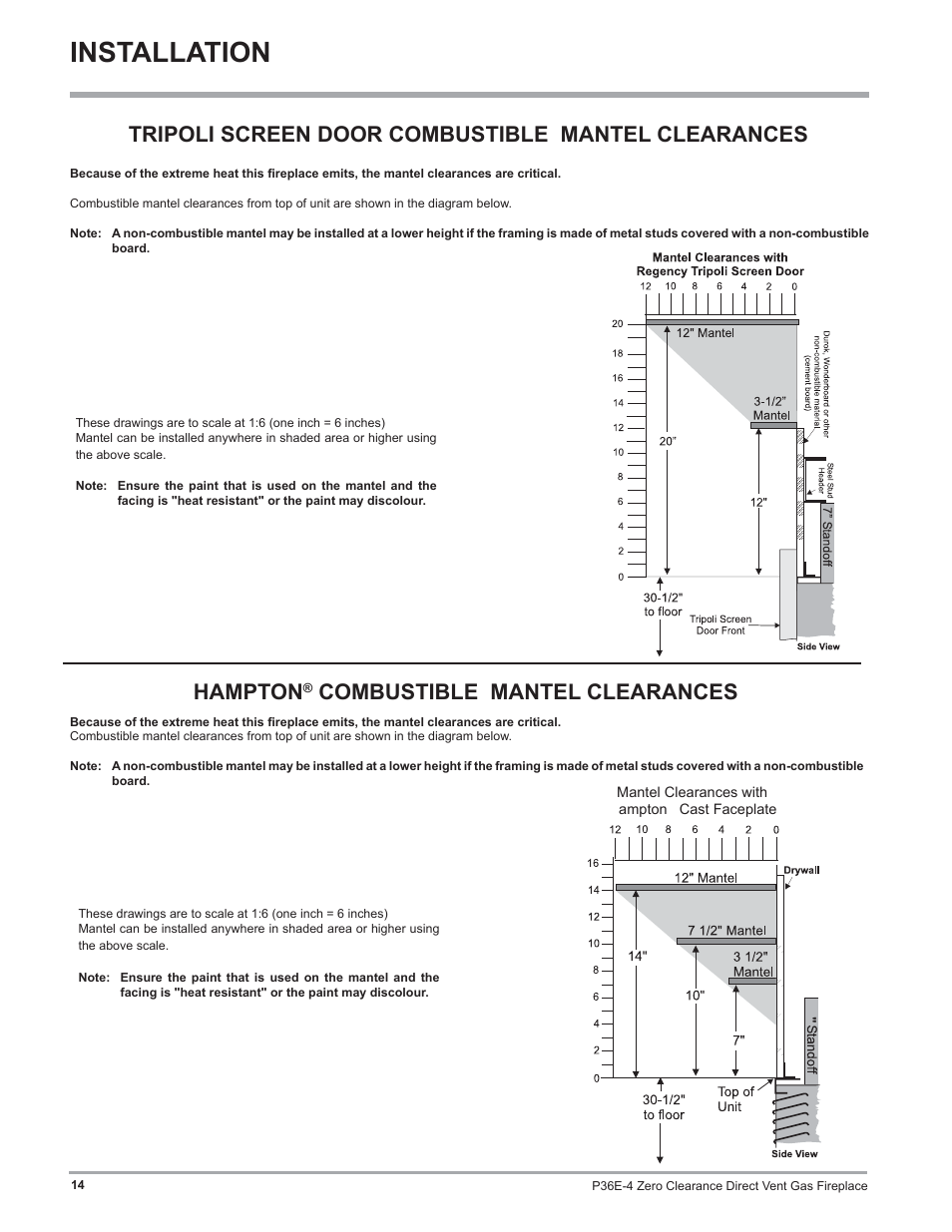 Installation, Tripoli screen door combustible mantel clearances, Hampton | Combustible mantel clearances | Regency Panorama P36E Medium Gas Fireplace User Manual | Page 14 / 72