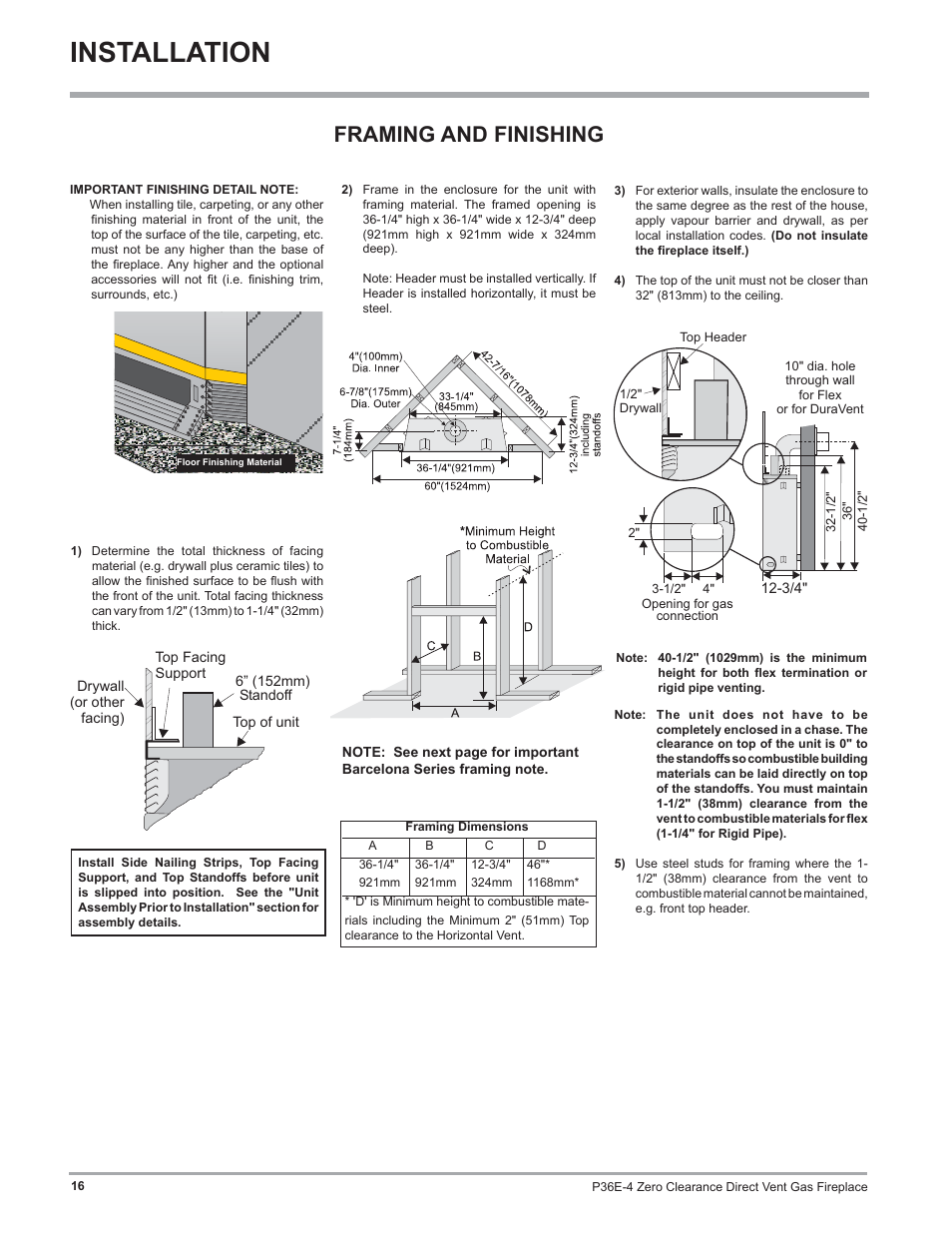 Installation, Framing and finishing | Regency Panorama P36E Medium Gas Fireplace User Manual | Page 16 / 72