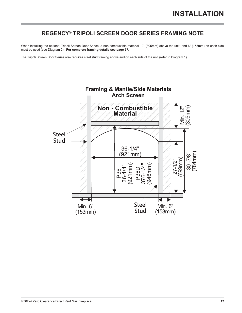 Installation, Non - combustible material | Regency Panorama P36E Medium Gas Fireplace User Manual | Page 17 / 72