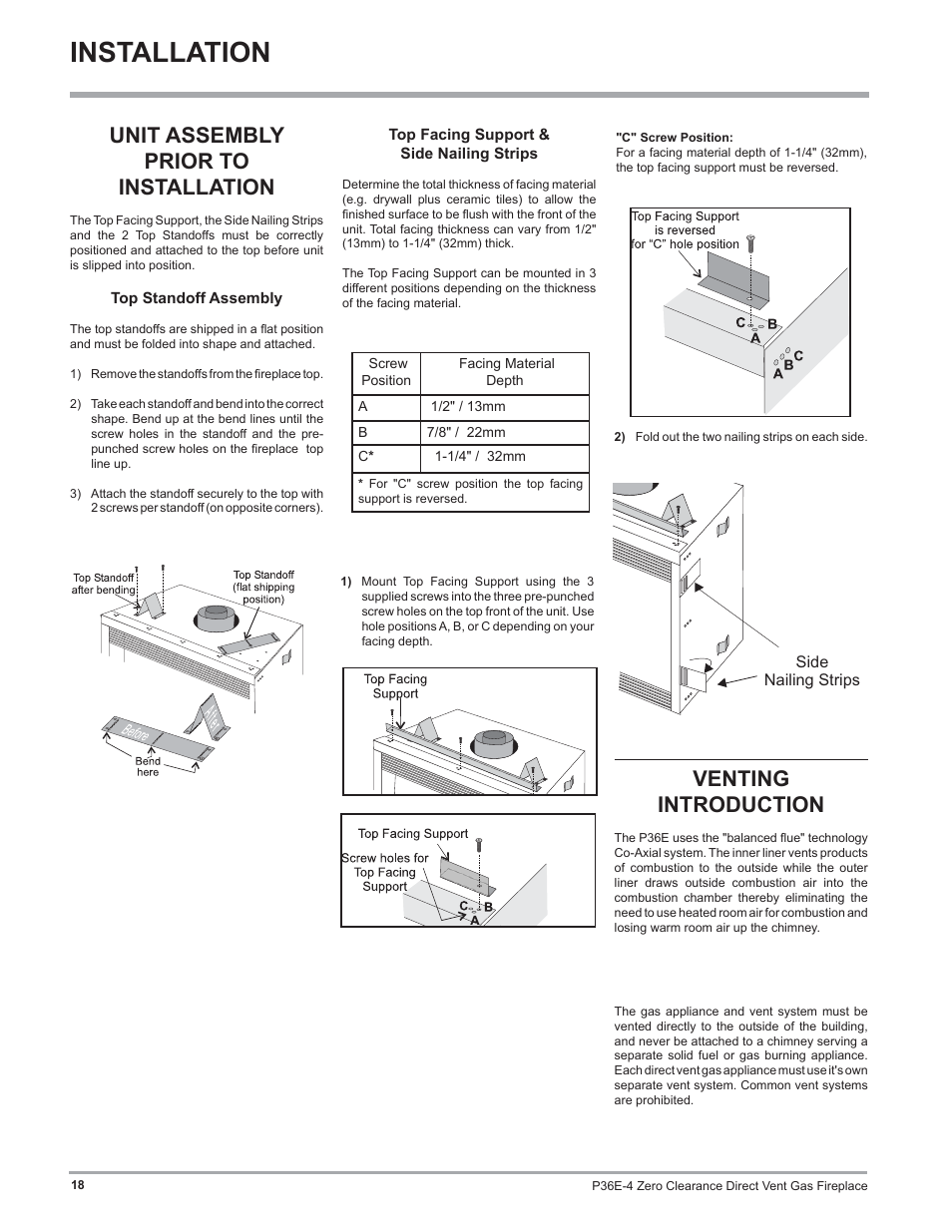 Installation, Unit assembly prior to installation, Venting introduction | Regency Panorama P36E Medium Gas Fireplace User Manual | Page 18 / 72