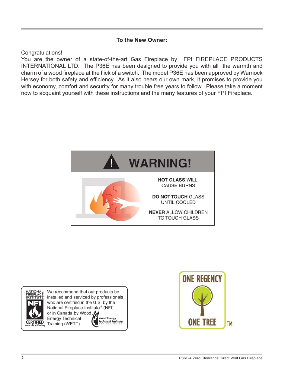 Regency Panorama P36E Medium Gas Fireplace User Manual | Page 2 / 72