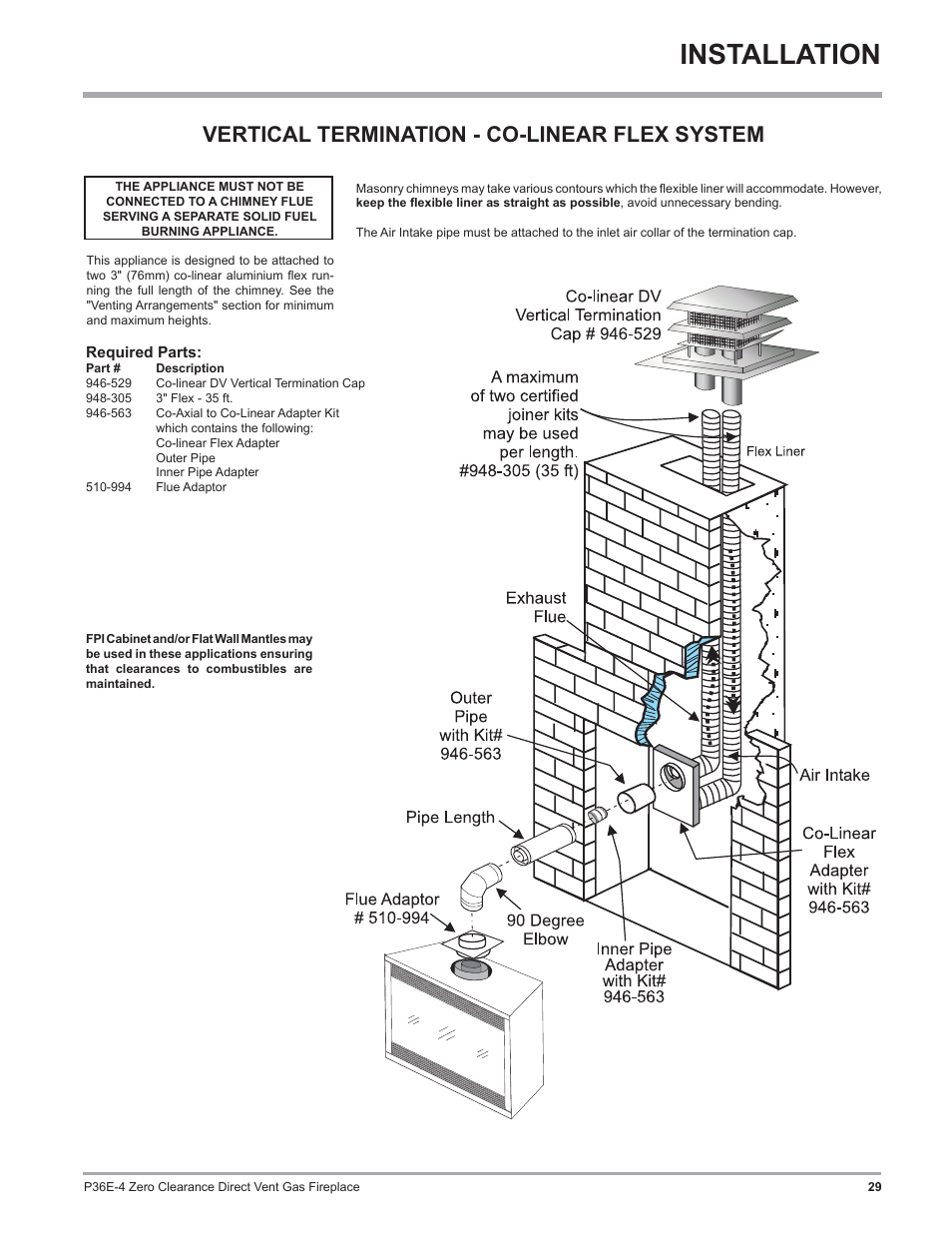 Installation, Vertical termination - co-linear flex system | Regency Panorama P36E Medium Gas Fireplace User Manual | Page 29 / 72