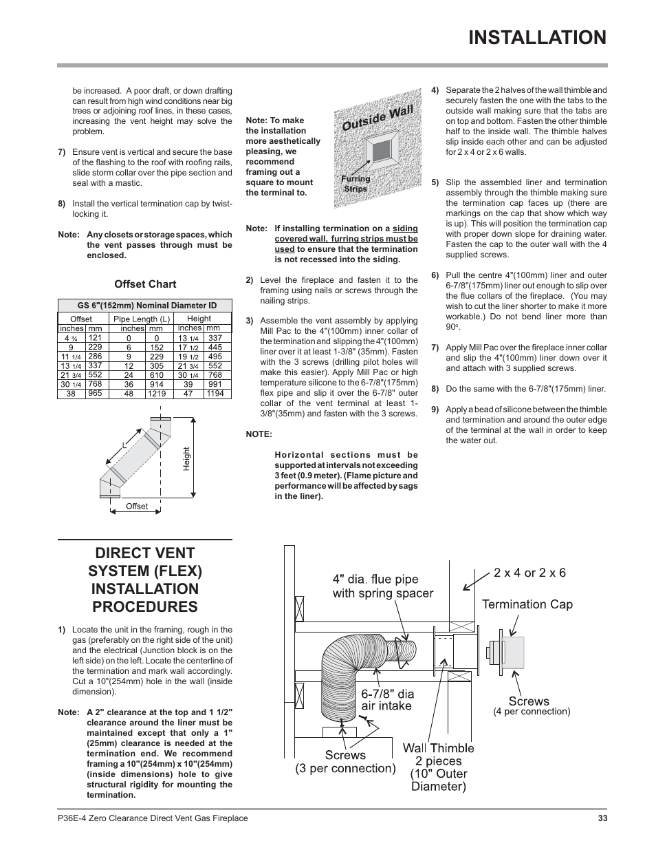 Installation, Direct vent system (flex) installation procedures | Regency Panorama P36E Medium Gas Fireplace User Manual | Page 33 / 72