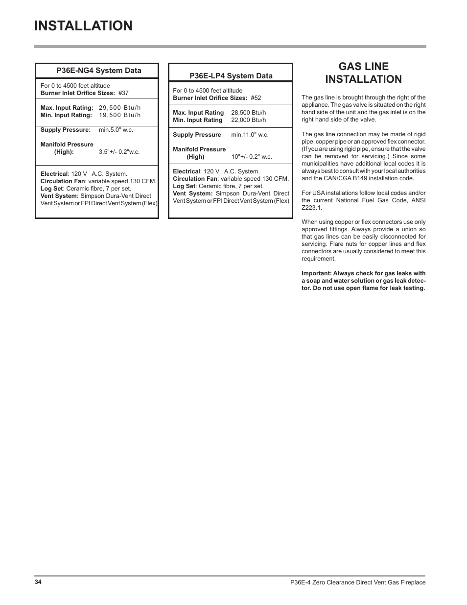 Installation, Gas line installation | Regency Panorama P36E Medium Gas Fireplace User Manual | Page 34 / 72