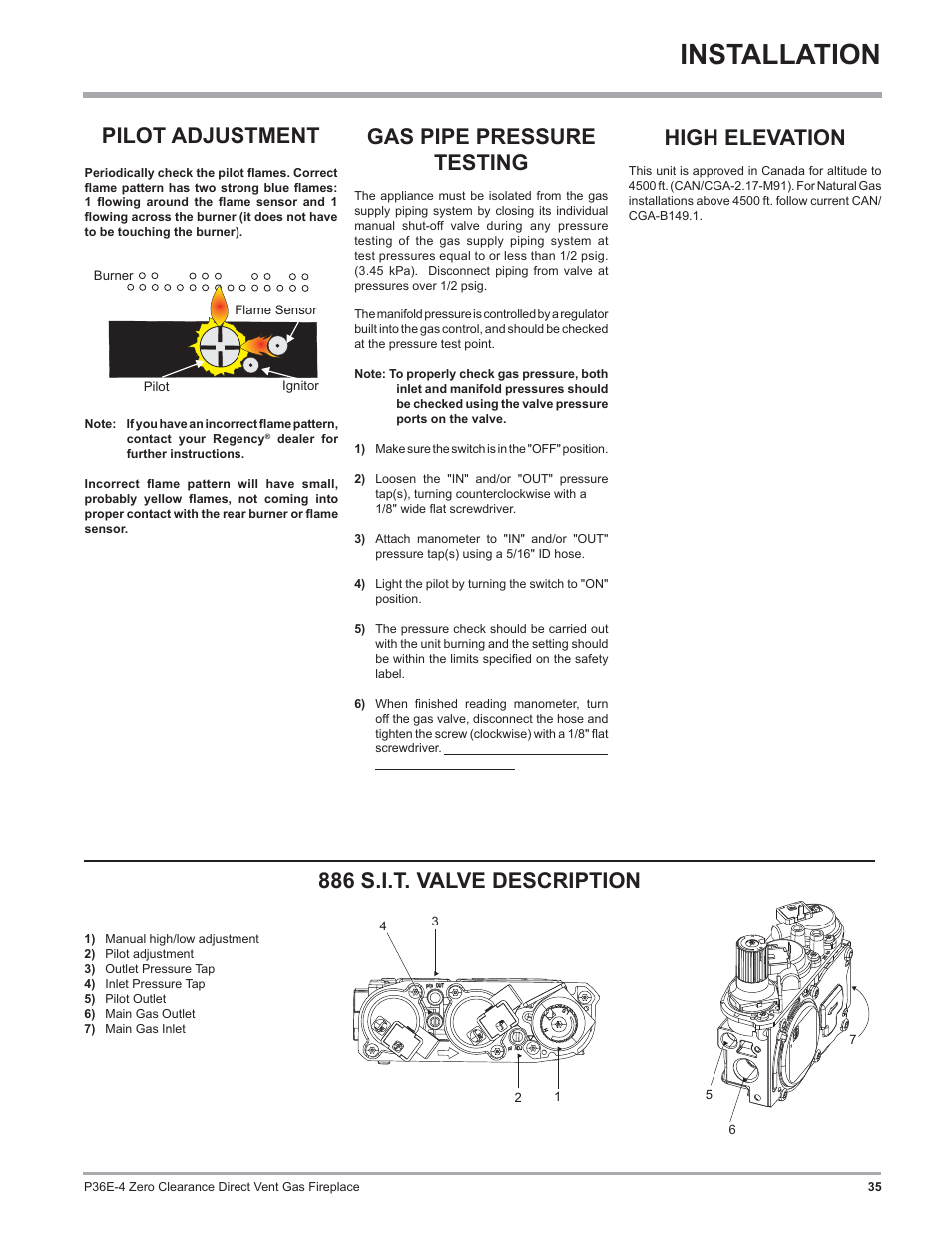 Installation, Gas pipe pressure testing, 886 s.i.t. valve description | High elevation, Pilot adjustment | Regency Panorama P36E Medium Gas Fireplace User Manual | Page 35 / 72