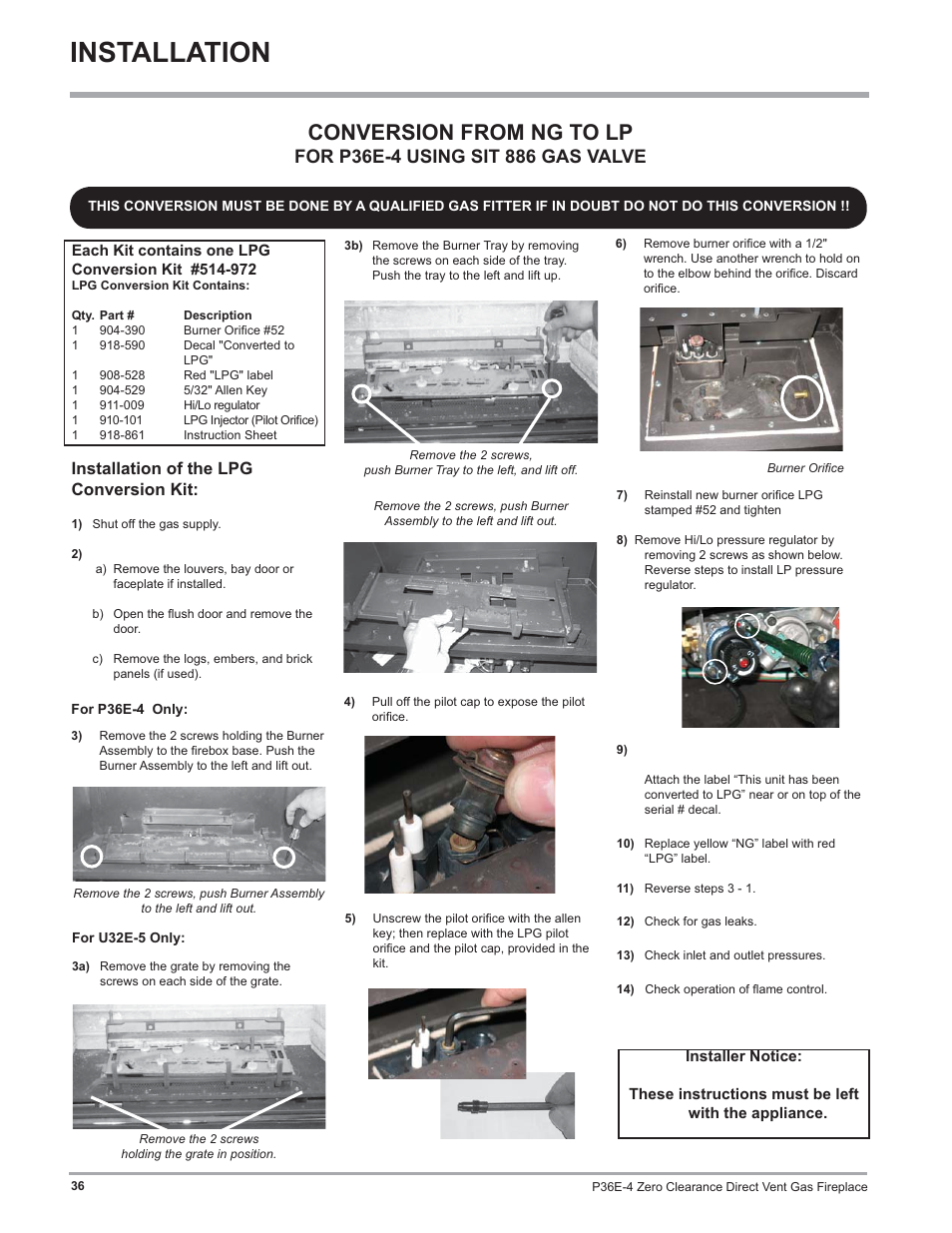 Installation, Conversion from ng to lp, Installation of the lpg conversion kit | Regency Panorama P36E Medium Gas Fireplace User Manual | Page 36 / 72