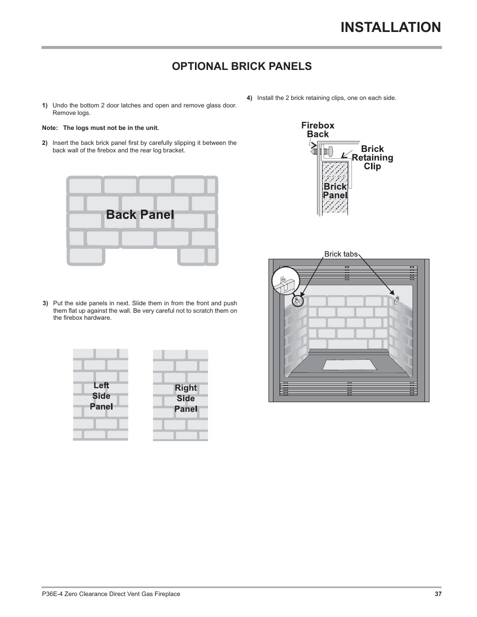 Installation, Optional brick panels | Regency Panorama P36E Medium Gas Fireplace User Manual | Page 37 / 72