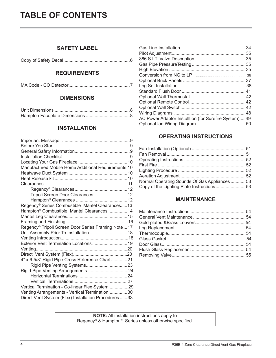 Regency Panorama P36E Medium Gas Fireplace User Manual | Page 4 / 72