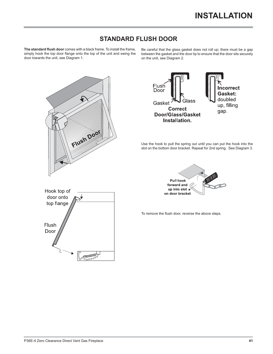 Installation, Standard flush door | Regency Panorama P36E Medium Gas Fireplace User Manual | Page 41 / 72