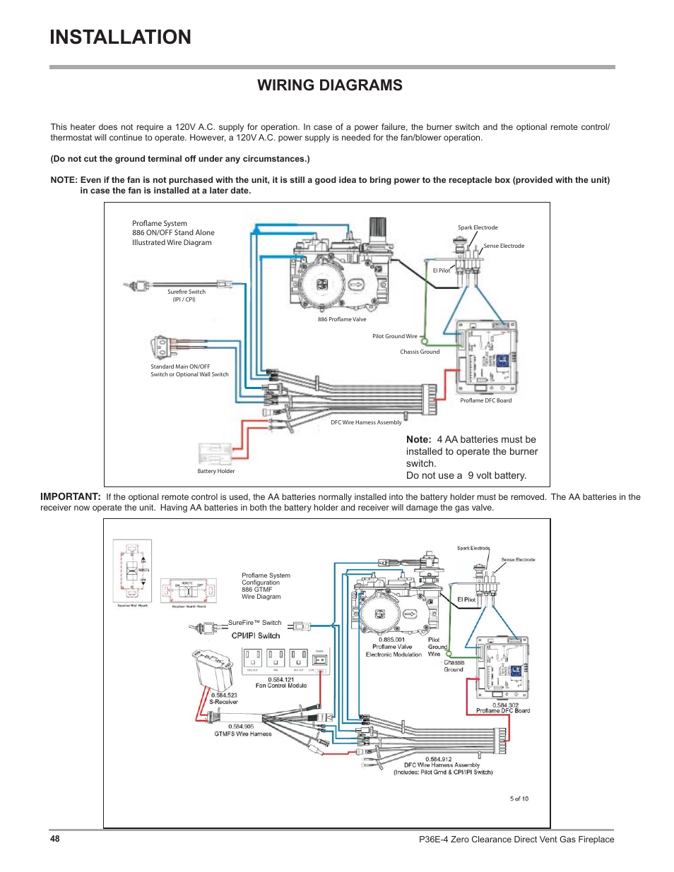 Installation, Wiring diagrams | Regency Panorama P36E Medium Gas Fireplace User Manual | Page 48 / 72