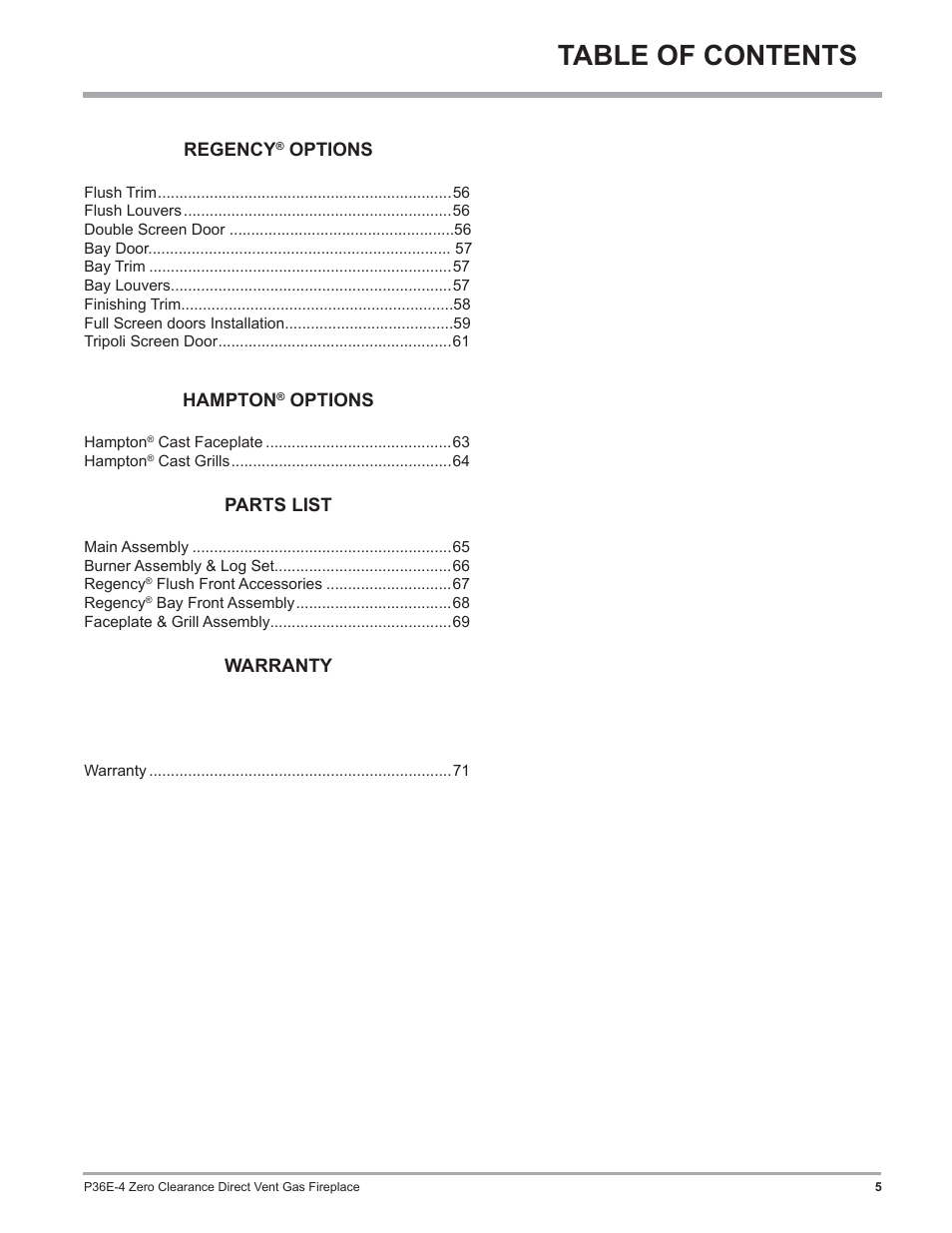 Regency Panorama P36E Medium Gas Fireplace User Manual | Page 5 / 72