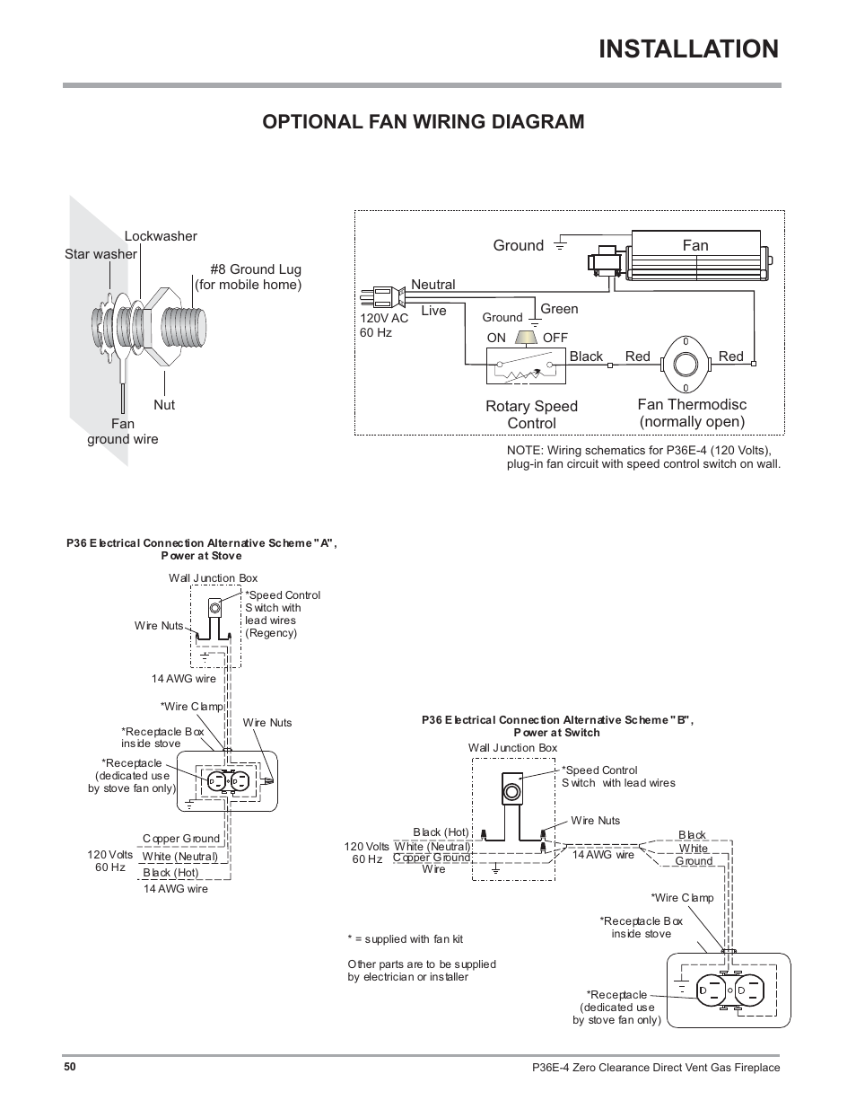 Installation, Optional fan wiring diagram, Ground | Regency Panorama P36E Medium Gas Fireplace User Manual | Page 50 / 72