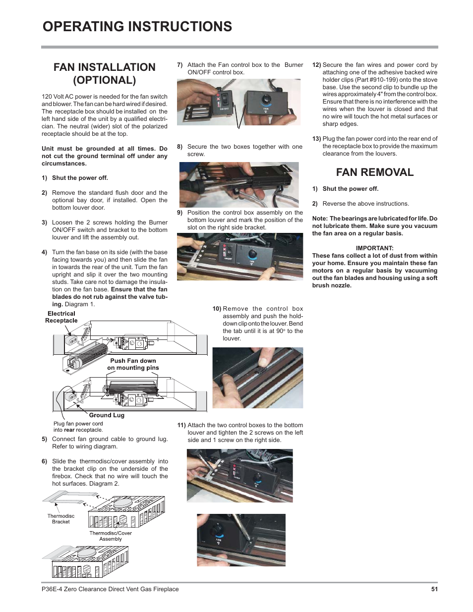 Operating instructions, Fan installation (optional), Fan removal | Regency Panorama P36E Medium Gas Fireplace User Manual | Page 51 / 72