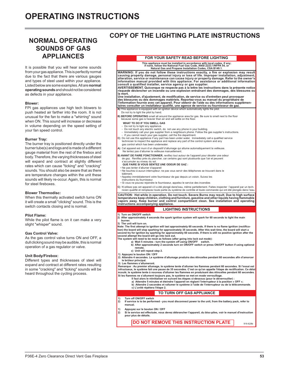Operating instructions, Copy of the lighting plate instructions, Normal operating sounds of gas appliances | Do not remove this instruction plate | Regency Panorama P36E Medium Gas Fireplace User Manual | Page 53 / 72