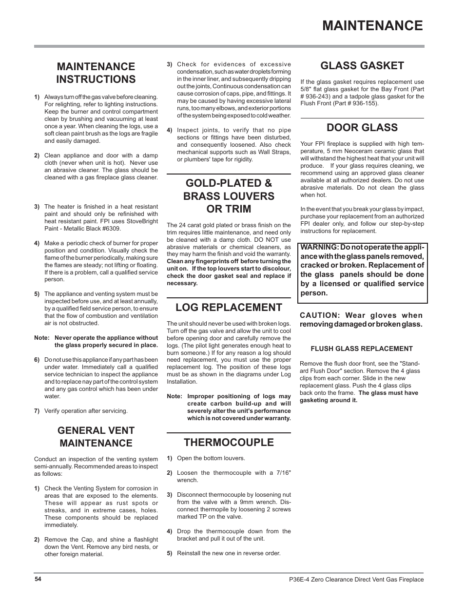 Maintenance, Maintenance instructions, Gold-plated & brass louvers or trim | Log replacement, Thermocouple, Glass gasket, Door glass, General vent maintenance | Regency Panorama P36E Medium Gas Fireplace User Manual | Page 54 / 72