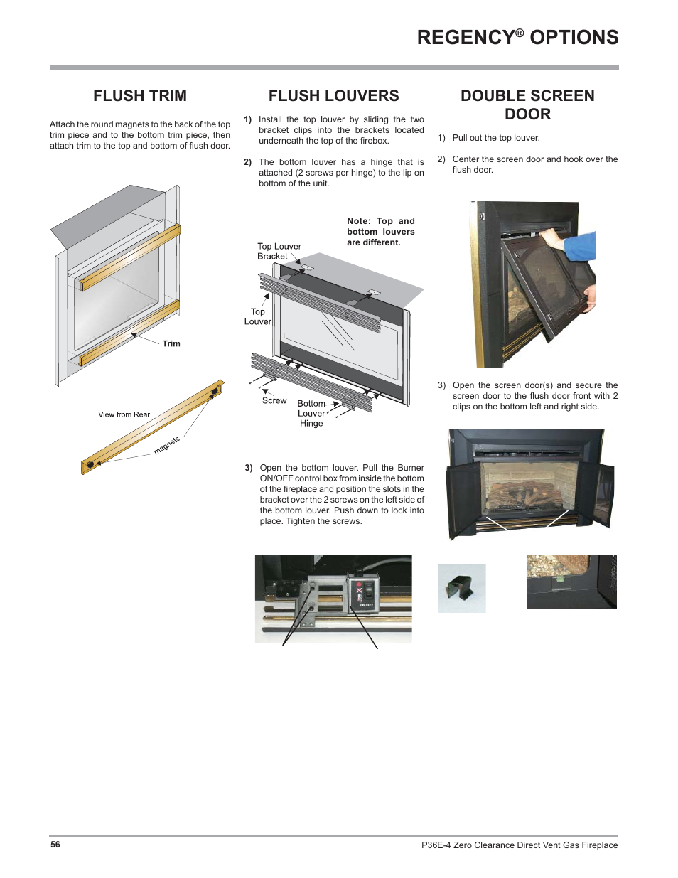 Regency, Options, Double screen door | Flush trim, Flush louvers | Regency Panorama P36E Medium Gas Fireplace User Manual | Page 56 / 72