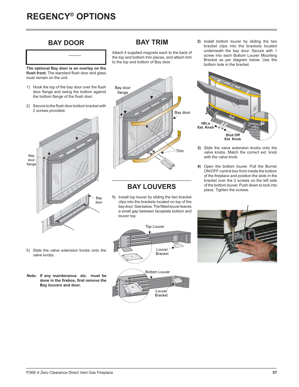 Regency, Options, Bay louvers | Bay door, Bay trim | Regency Panorama P36E Medium Gas Fireplace User Manual | Page 57 / 72