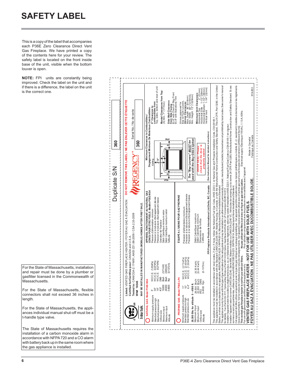 Safety label, Duplicate s/n | Regency Panorama P36E Medium Gas Fireplace User Manual | Page 6 / 72