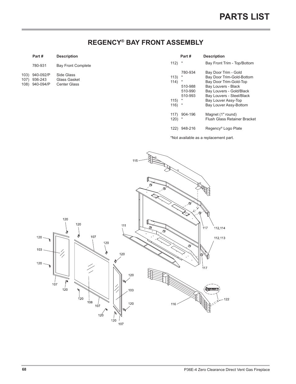 Parts list, Regency, Bay front assembly | Regency Panorama P36E Medium Gas Fireplace User Manual | Page 68 / 72