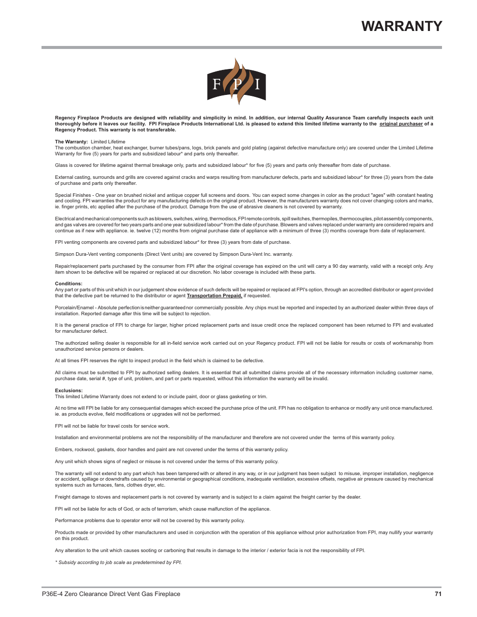Warranty | Regency Panorama P36E Medium Gas Fireplace User Manual | Page 71 / 72