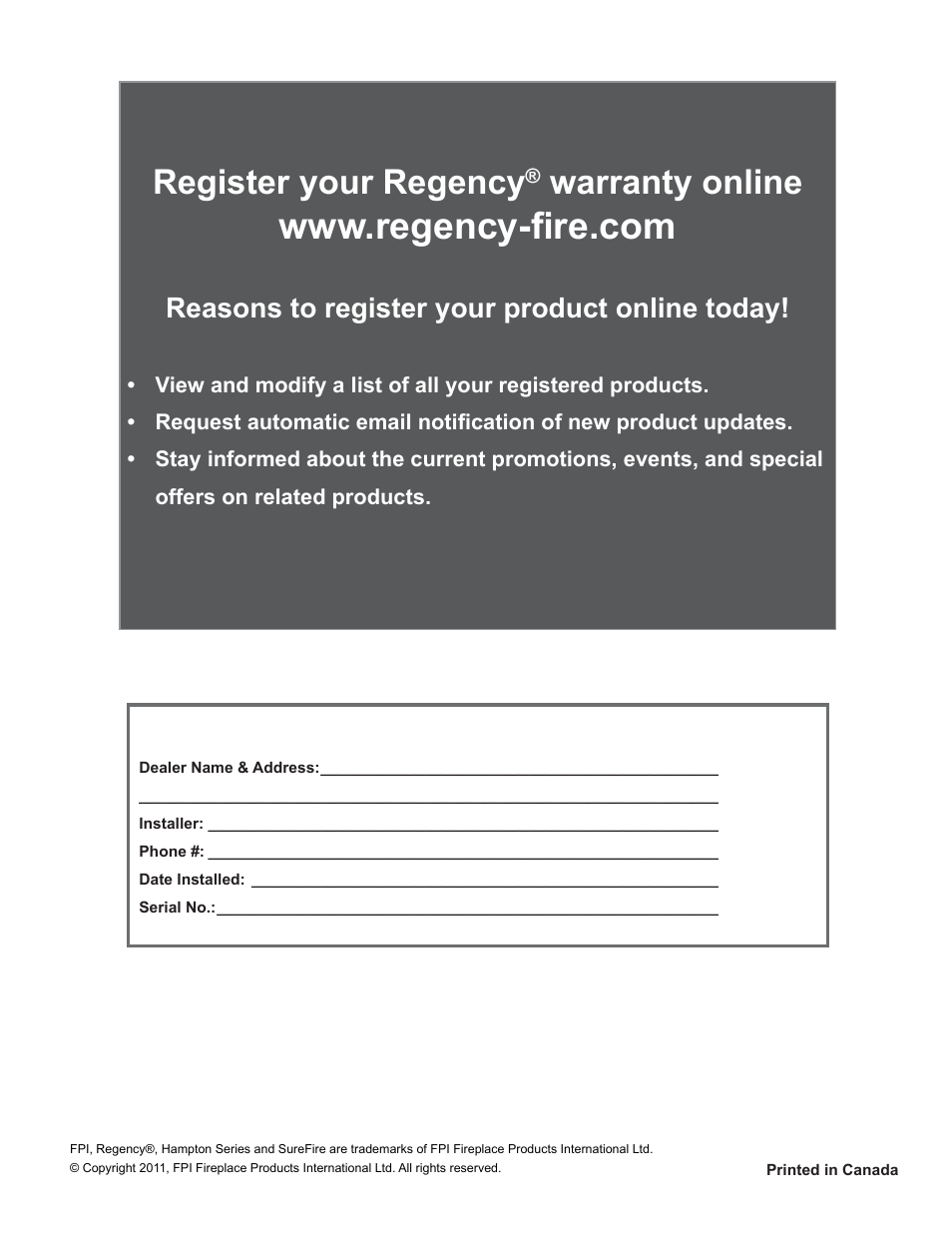 Register your regency, Warranty online, Reasons to register your product online today | Regency Panorama P36E Medium Gas Fireplace User Manual | Page 72 / 72