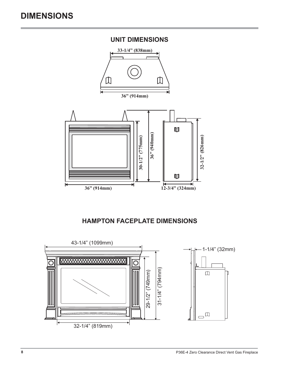 Dimensions, Unit dimensions, Hampton faceplate dimensions | Regency Panorama P36E Medium Gas Fireplace User Manual | Page 8 / 72